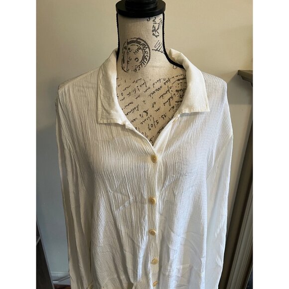 Flax White Tunic Shirt Cover Up Button Front Long Sleeve Oversized Crinkle Gauze - Picture 2 of 8